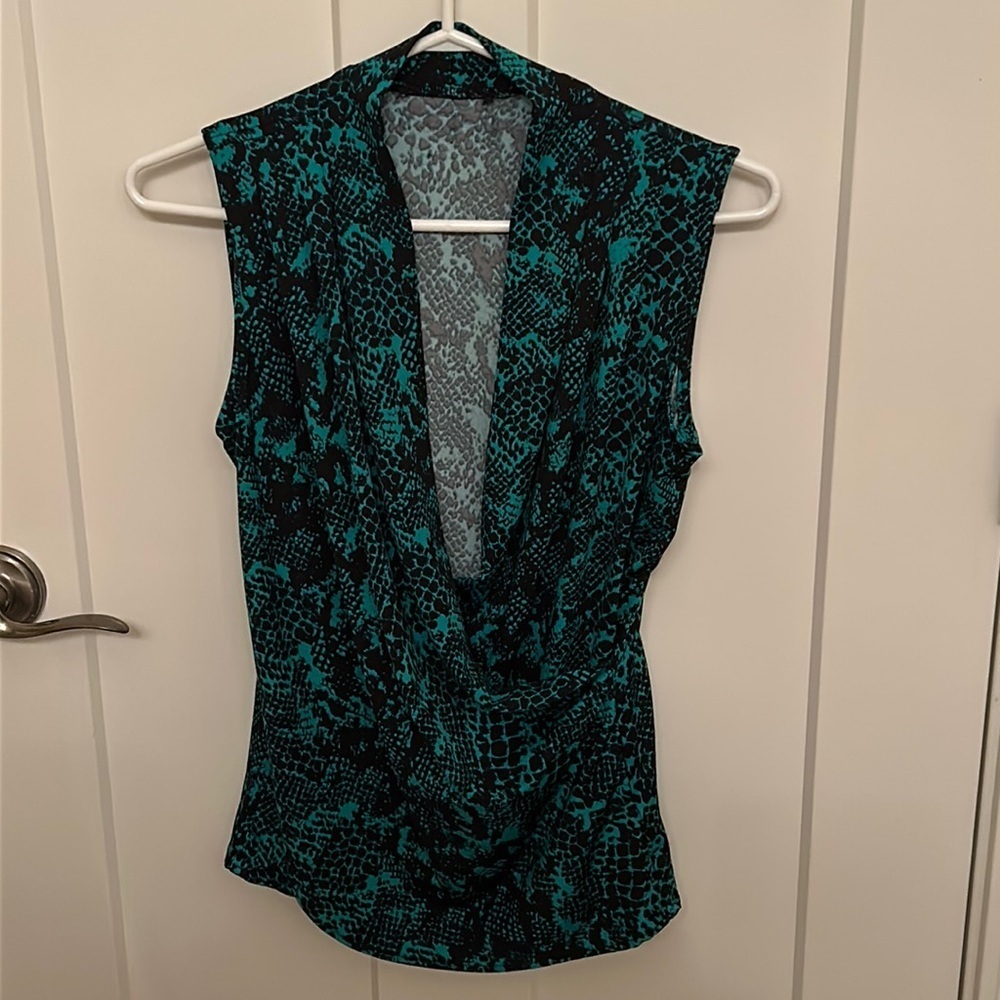 Femme Green & Black Reptile Pattern Sleeveless Faux Wrap Stretchy Top